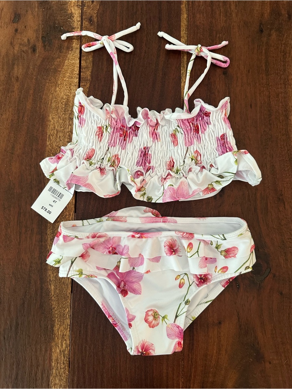 Submarine size 4T, Girls Floral Ruffle Two-Piece Swimsuit - White & Pink
